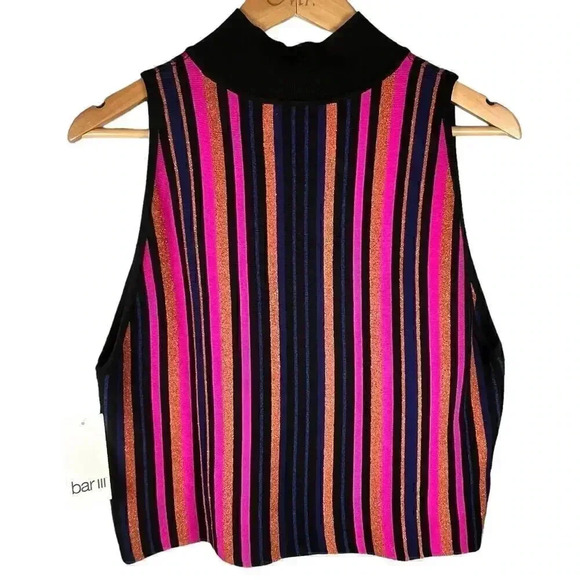 Bar III NWT Women’s Multicolor Striped Metallic Sleeves Top XL‎ - Picture 2 of 6